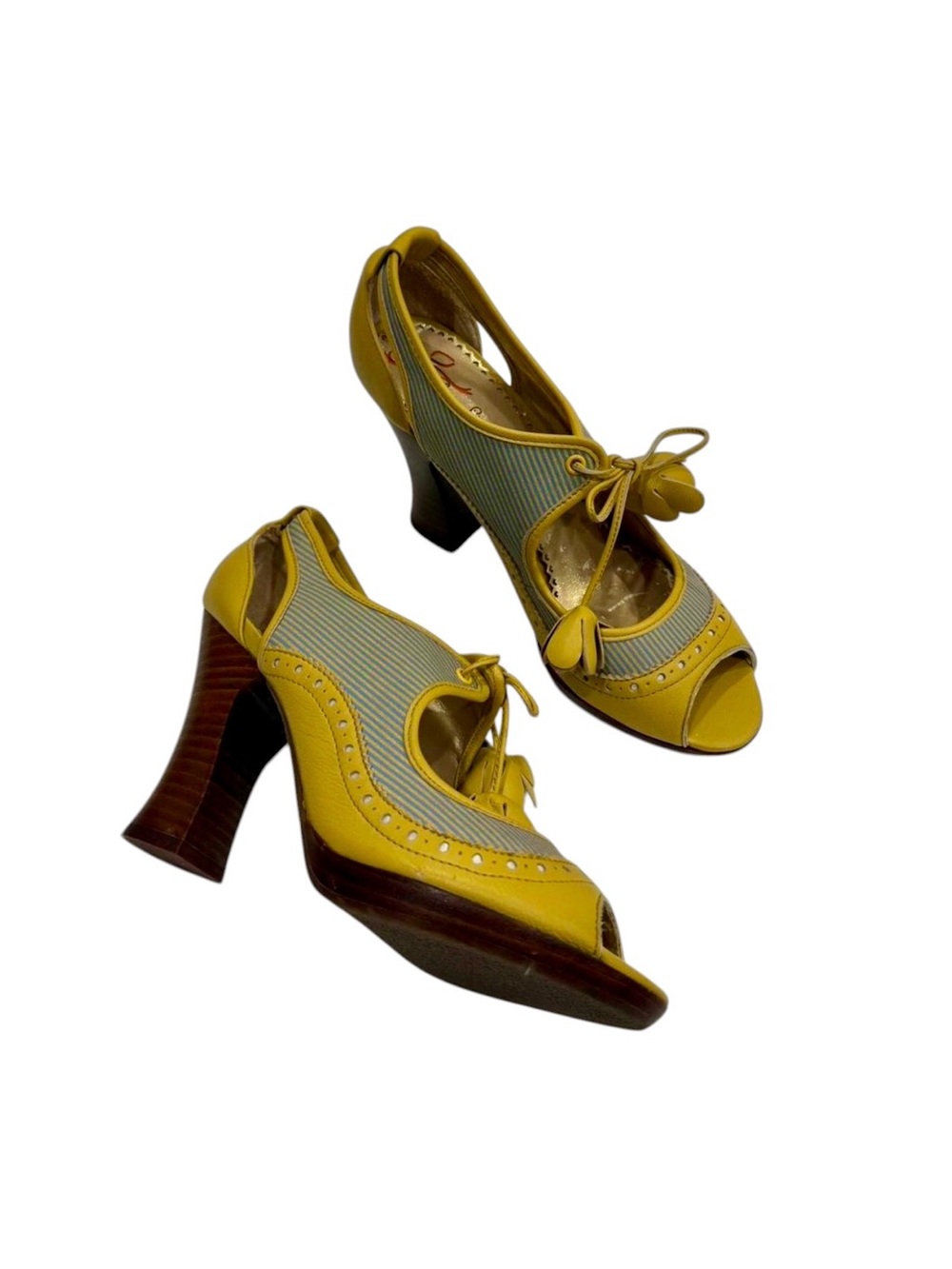 Poetic License Girl About Town Yellow &  Blue Leather Peep-Toe Tassel Heel  7M